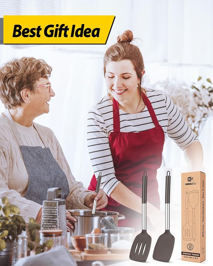 Pack of 2 Silicone Solid Turner, Non Stick Slotted Kitchen Spatulas, High Heat Resistant BPA Free Cooking Utensils, Ideal Cookware for Fish, Eggs, Pancakes(Chocolate) BUNDLEPRO