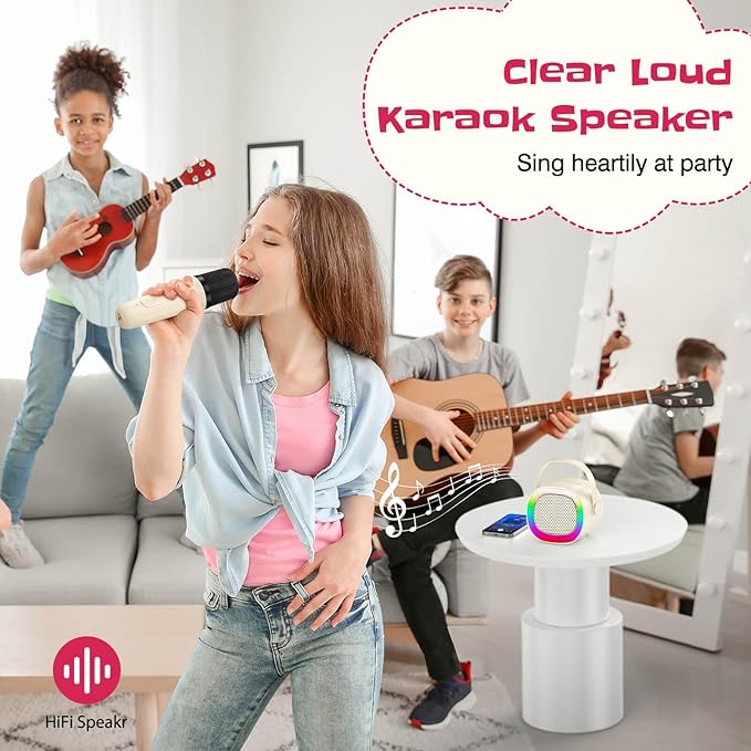 LENRUE Karaoke Machine for Kids, Birthday Gifts for Girls Boys Teens with Wireless Microphone, Colored Lights, Trendy Stuff Gifts for 3, 4, 5, 6, 7, 8, 9, 10 +Year Old (Beige 1 Mic) LENRUE