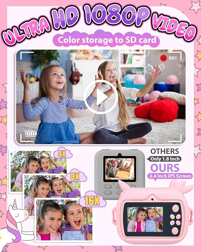 Kids Camera Instant Print, 1080P Kids Instant Cameras with Photo Printing and Fun Learning, Christmas Stuffers Birthday Gifts for Girls Age 3-12, Portable Toy for 3 4 5 6 7 8 9 10 Girls Boys, Pink Kick Boosters