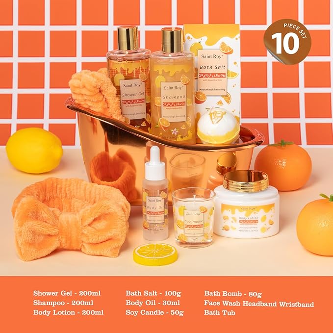 Orange Scents spa gift set Great Gift Lemon Spa Gifts for girls, Body care Set Birthday Gifts, Gift Baskets for Woman, 11pcs Bath Gift Set for Women, Christmas Gifts for Women Citrus Spa Gift Basket SaintRoy