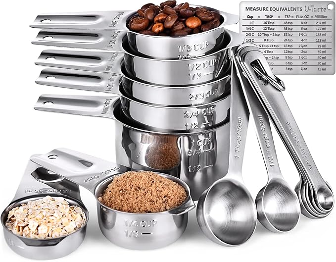 U-Taste Measuring Cups and Spoons Set of 15 : 7 Measuring Cups and 7 Measuring Spoons with 2 D-Rings and 1 Professional Magnetic Measurement Conversion Chart U-Taste