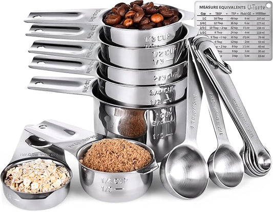 U-Taste Measuring Cups and Spoons Set of 15 : 7 Measuring Cups and 7 Measuring Spoons with 2 D-Rings and 1 Professional Magnetic Measurement Conversion Chart U-Taste