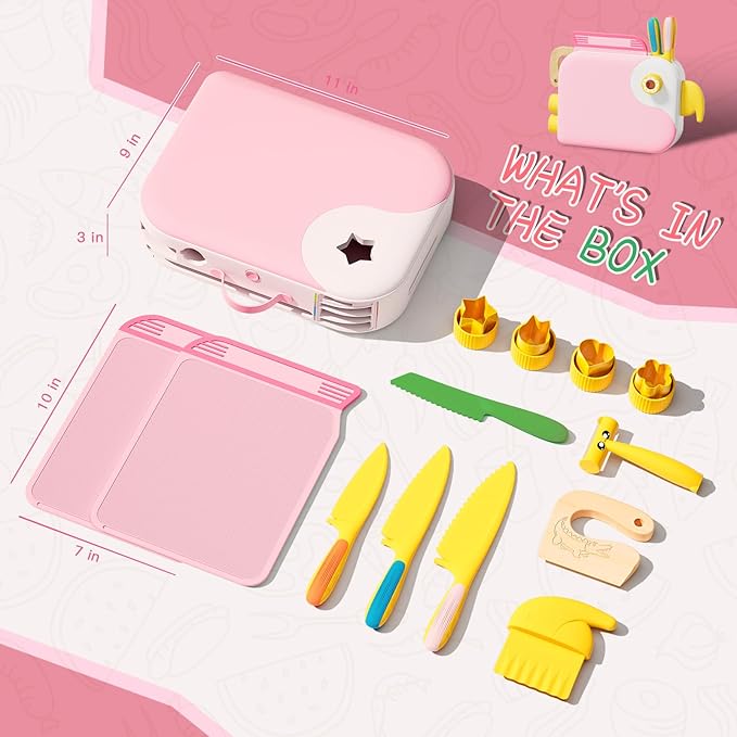 Montessori Kitchen Tools for Toddlers,Kids Knife for Real Cooking,Toddlers Knife Set with Storage Box Kids Safe Knives Children Cutting Set and Peeler,Montessori Toys for Kitchen Set -Pink Lullulii
