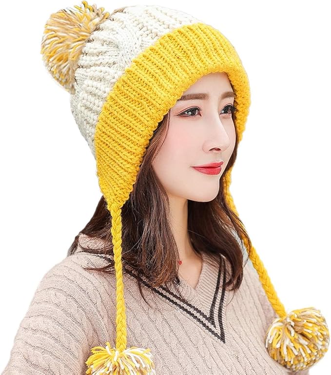 Women Winter Peruvian Cover Ears Beanie Hat Ear Flaps Sherpa Ski Snow Hats Knit Fleece Lined 3 Pom Pom HUAMULAN