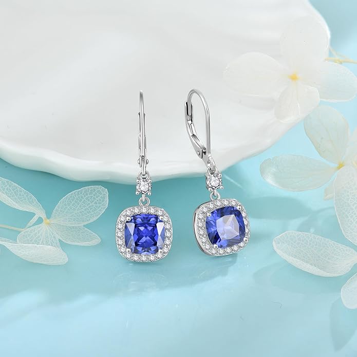 Women Leverback Earrings 925 Sterling Silver Princess Cut Halo Earrings Birthstone Dangle Drop Earrings for Women Her Mom Wife INPASNE