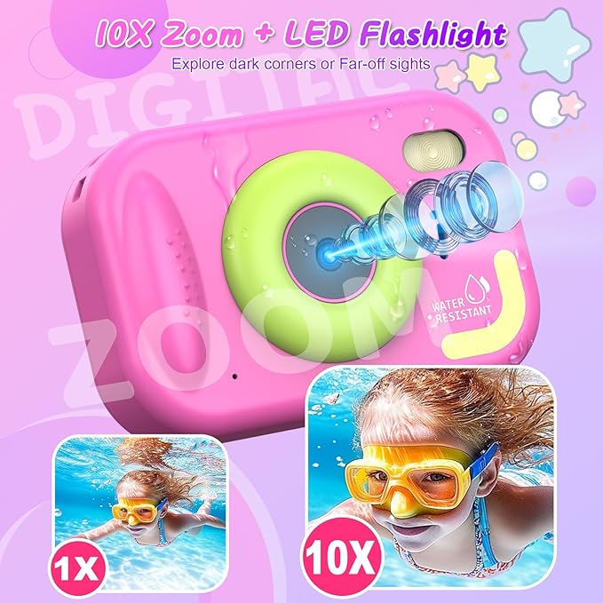 Kids Waterproof Camera, 1080P HD Underwater Digital Camera for Kids Aged 3-12, IP68 Swimming & Snorkeling Toy, ABS Plastic, 32GB Card, Birthday Gift for Children Boys Girls, Pink Kick Boosters