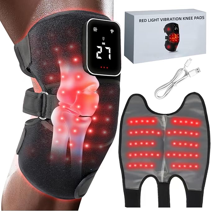 Red Light Therapy Vibration Knee Massager, Vibration & Heat - 5 Massage Zones, 660nm & 850nm Wavelengths, Rechargeable Heating Pad Knee Wrap, Gift for Men and Women Syluris
