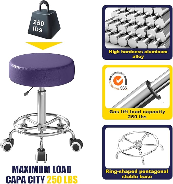 Rolling Stool, Heavy Weight Capacity 250lb, PU Leather Rolling stools, Ultra Soft Padded Seat, Rolling Stools with Wheels and Footrest, 360° Swivel, Spa Drawing Salon Work Office Tattoo Stool (Purple) YEEZEE