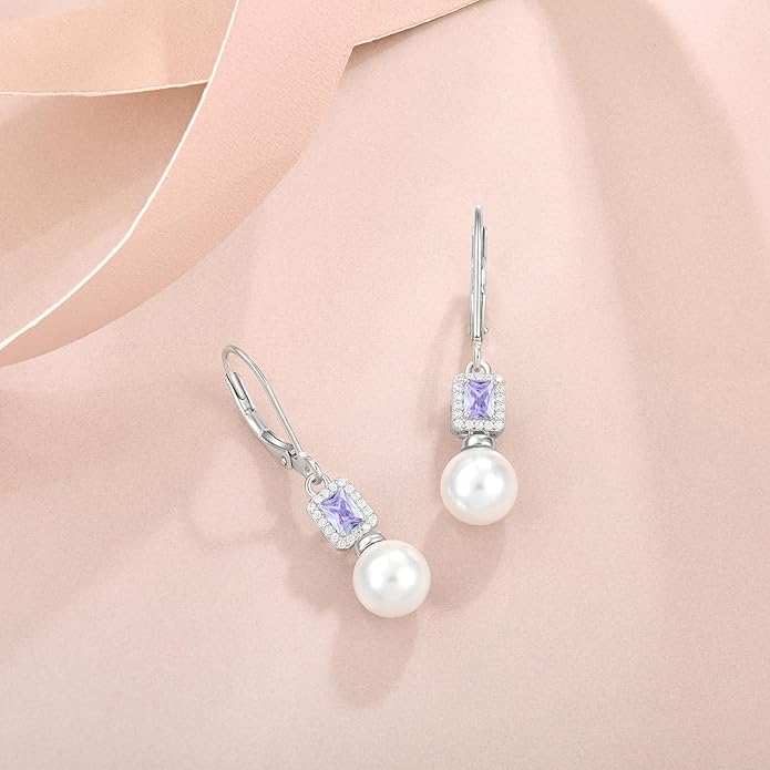 Pearl Drop Earrings Dangling 925 Sterling Silver Emerald Cut Leverback Earrings Birthstone Jewelry for Women INPASNE