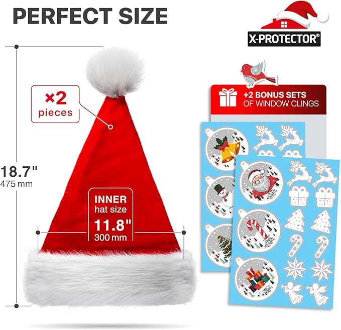 X-Protector Santa Hat - Large Christmas Hat for Adults - Fluffy Christmas Hats for Women and Men - Red Velvet Santa Cap! X-Protector