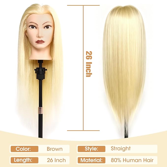 MYSWEETY Mannequin Head Human Hair, 26" Cosmetology Mannequin Head with 80% Human Hair, Doll Head for Hair Styling with Clamp Holder and Tools (White) MYSWEETY