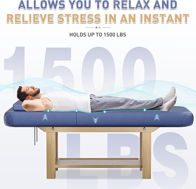 Stationary Massage Table with Memory Foam, Massage TattooTable with Adjustable Height, Facial Bed for Esthetician, PU Leather for Physical Therapy & Spa (Wood/Blue, 75''L x 28''W x 25''H) Kick Boosters