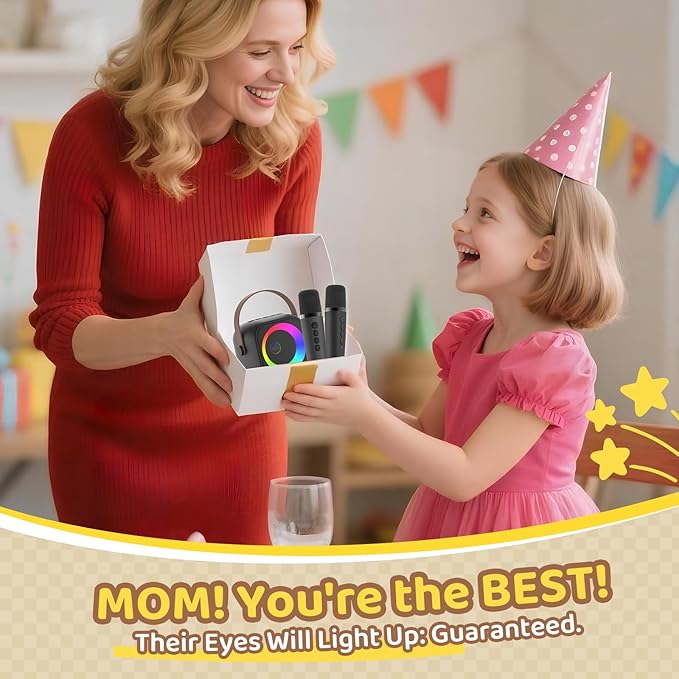 Mini Karaoke Machine, Portable Bluetooth Karaoke Speaker with 2 Wireless Microphones, Singing Machine with Party Lights for Kids and Adults, Birthday Gifts for Girls Boys Family Home Party Kick Boosters