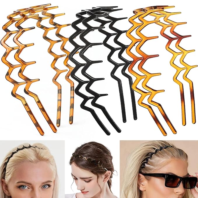 6 PCS Zig Zag Headbands Plastic Wavy Hair Head Band Comb with Teeth Hoop Accessories for Women Men Girls, Classic Black&Retro Leopard Kick Boosters
