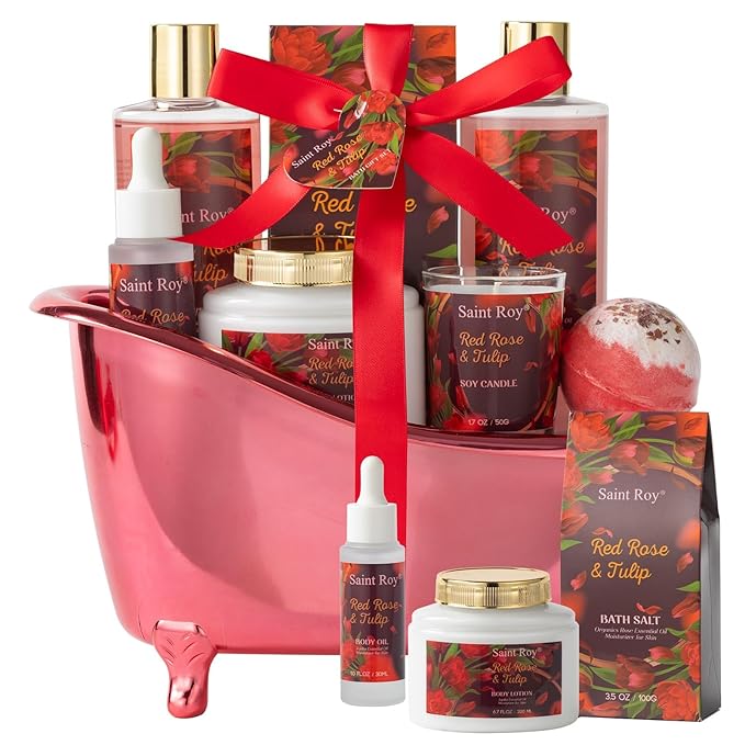 Christmas Gifts for Women, spa kit Gifts for Her Mother's Day Bath Spa Gift Set Red Rose & Tulip Spa Basket Kits for Women, Contains Body Oil, Body Lotion, Salt, self care baskets Mother's Day Gift SaintRoy