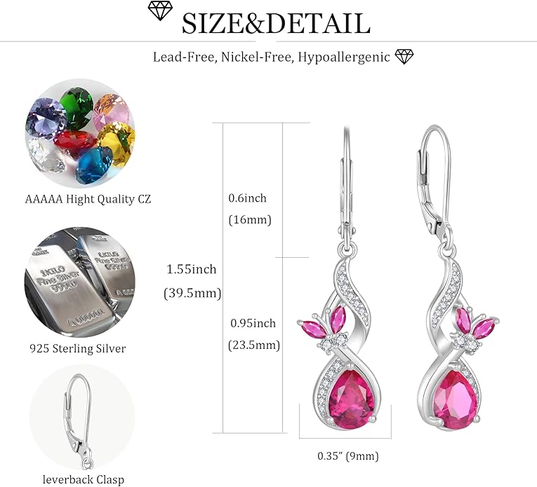 Infinity Butterfly Earrings 925 Sterling Silver Birthstone Dangle Drop Leverback Earrings Cubic Zirconia Hypoallergenic Jewelry Birthday Christmas Gifts for Women Mother Wife Her FYNSBLE
