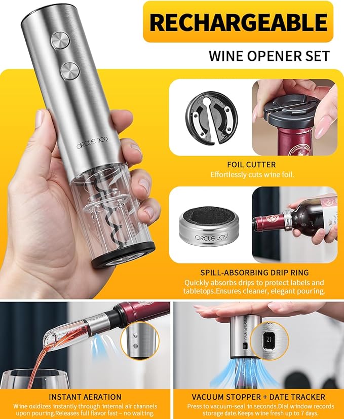 CIRCLE JOY Electric Wine Opener Rechargeable 5-in-1 Stainless Steel Wine Bottle Opener Premium Gift Set with Foil Cutter, Wine Aerator Pourer, Wine Drip Ring & Vacuum Stopper for Wine Lovers CIRCLEJOY