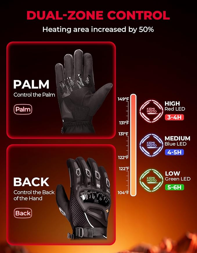 KEMIMOTO Heated Motorcycle Gloves for Men and Women with Hard Protective Shields, 7.4V 3000mAh Rechargeable Battery, Waterproof, Windproof, Touchscreen Compatible kemimoto