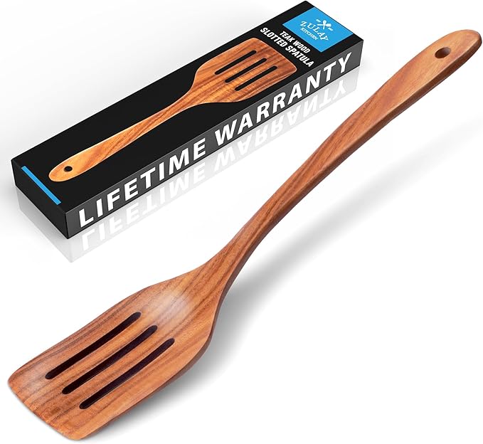 Zulay Kitchen Teak Wood Slotted Spatula – Durable & Heat-Resistant Cooking Utensil for Non-Stick Pans – Wooden Turner for Stirring, Flipping & Serving - Brown ZulayKitchen