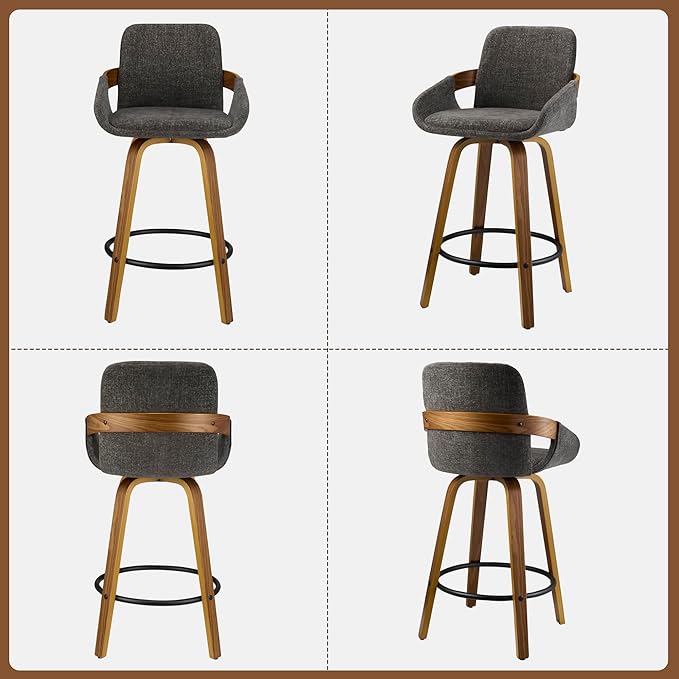 26 inch Modern Bar Stools Set of 3, Walnut Wood and Fabric Bar Chair, 360° Swivel Seat, Stylish and Comfortable Barstool for Kitchen, Bar Counter, Dining Area - Charcoal Grey VipDesk