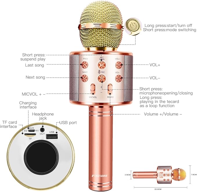 Microphone for Kids Voice Change Karaoke Microphone Kids Girl Gifts Handheld Wireless Bluetooth Microphone Home Party Favor Mic Microphones Kids Christmas Birthday Gifts FINYIORE