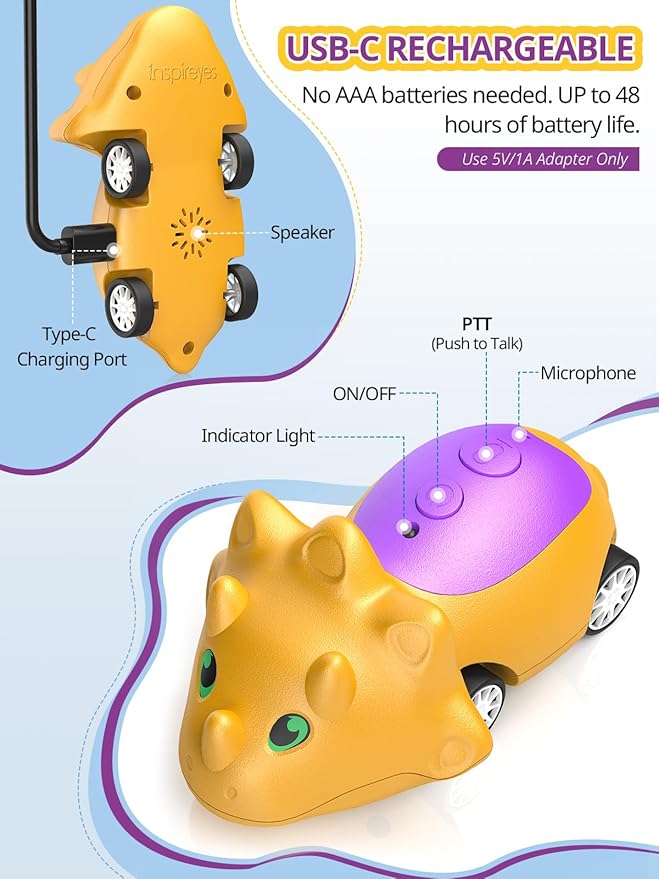 Dinosaur Walkie Talkies for Kids Rechargeable, Dino Toy Cars for Boys & Girls Ages 3-7, Crystal-Clear Audio, 48H Play, Fun Indoor & Backyard, Birthday Xmas Gifts for Toddler, 2 Pack Inspireyes