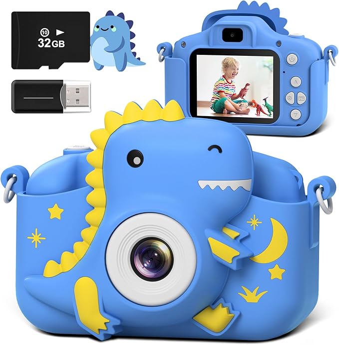 Kids Camera, Dinosaur Toddler Digital Camera for Boys Girls, Christmas Birthday Gifts, Selfie 1080P Camera for 3 4 5 6 7 8 9 Years Old Toys Dark Blue GREENKINDERKidsCamera