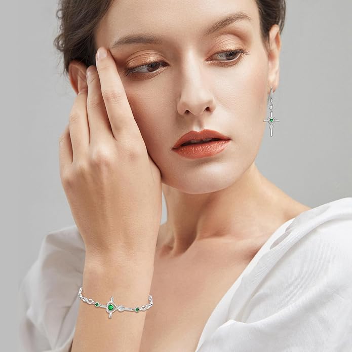 FANCIME Gift for Women Cross Dangle Drop Earrings 925 Sterling Silver Heart Birthstone Earring Fine Jewelry Birthday Gifts for Her Women FANCIME