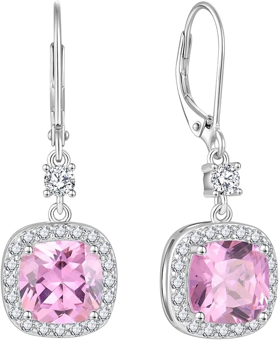 Women Leverback Earrings 925 Sterling Silver Princess Cut Halo Earrings Birthstone Dangle Drop Earrings for Women Her Mom Wife INPASNE