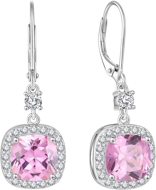 Women Leverback Earrings 925 Sterling Silver Princess Cut Halo Earrings Birthstone Dangle Drop Earrings for Women Her Mom Wife INPASNE