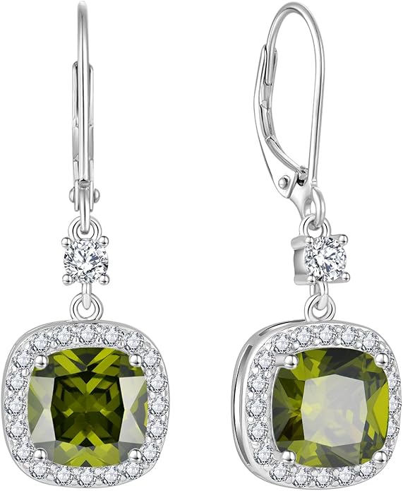 Women Leverback Earrings 925 Sterling Silver Princess Cut Halo Earrings Birthstone Dangle Drop Earrings for Women Her Mom Wife INPASNE