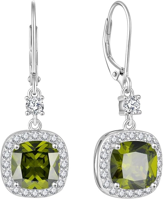 Women Leverback Earrings 925 Sterling Silver Princess Cut Halo Earrings Birthstone Dangle Drop Earrings for Women Her Mom Wife INPASNE