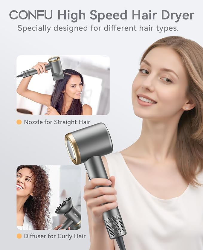 Hair Dryer, CONFU Ion Hair Dryer with Diffuser for Curly Hair, 110000 RPM Professional High Speed Blow Dryer, 1400W Diffuser Hairdryers Fast Drying for Women Men CONFU