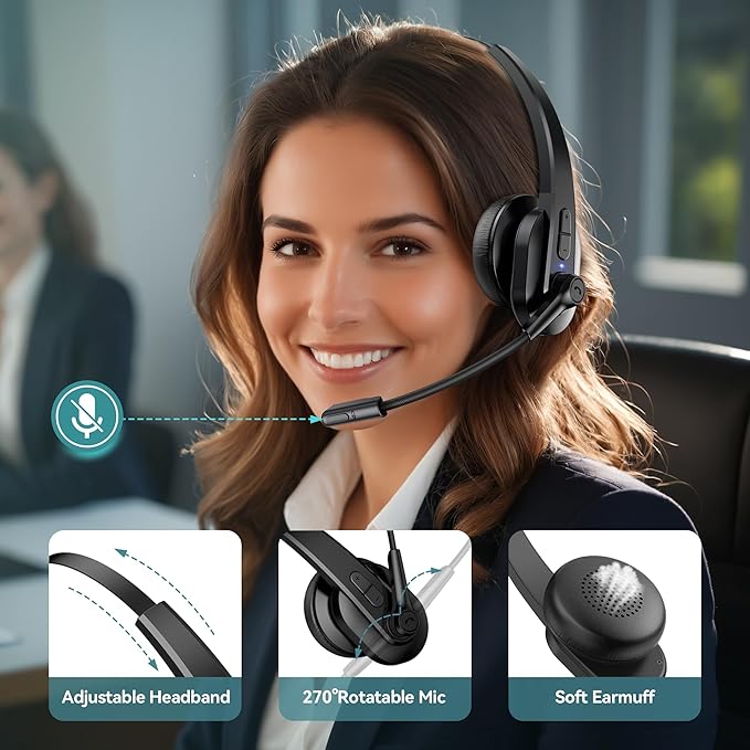 Bluetooth Headset with USB Dongle for Computer, Single-Ear Wireless Headset with Noise Cancelling Microphone for Office & Truckers, Bluetooth V5.2 with Mute Button for Work Sarevile