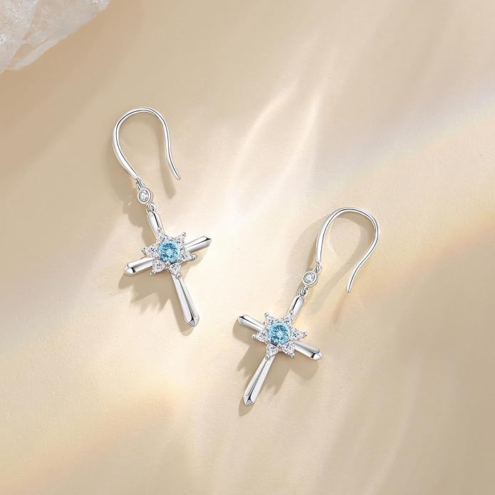 FANCIME Cross Dangle Drop Earrings 925 Sterling Silver Dainty Round Birthstone Earring Fine Jewelry Birthday Gifts for Her Women FANCIME