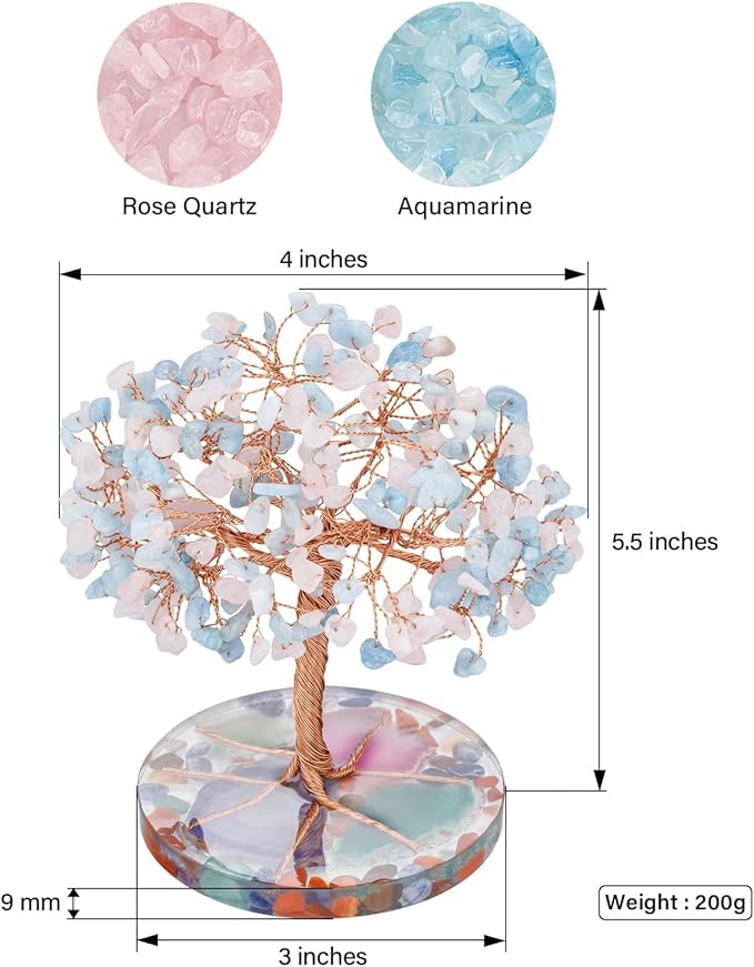 ZenBless 7 Chakra Healing Crystals Stones Tree, Pink Crystal Aquamarine Leaf Wire Wrapped on Agate Slice Base, Home Office Desk Living Room Feng Shui Decoration for Wealth and Luck ZenBless