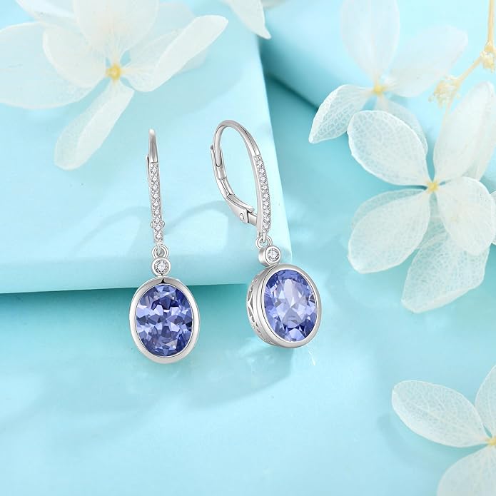 FJ Oval Cut Dangle Drop Earrings 925 Sterling Silver Leverback Earrings Birthstone Jewelry Gifts for Women FJ
