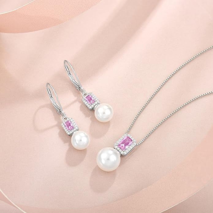 Pearl Drop Earrings Dangling 925 Sterling Silver Emerald Cut Leverback Earrings Birthstone Jewelry for Women INPASNE