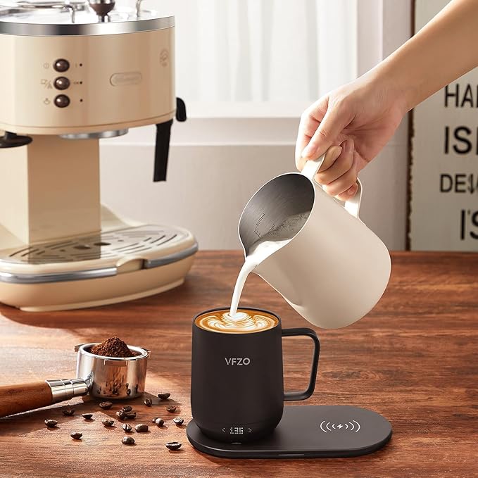 Temperature Control Smart Mug, Self Heating Coffee Mug LED Display, 180 Min Battery Life - Hot up to 149℉ Fast Wireless Charger Base Improved Design coffee serving sets mug(12oz, Black) VFZO