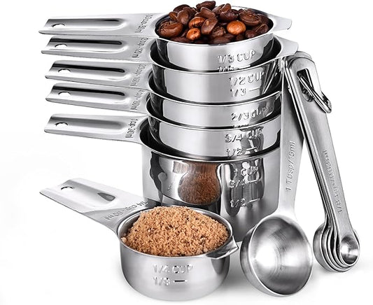 Measuring Cups and Spoons 12 Pieces: U-Taste 18/8 Stainless Steel Kitchen Metal Measure Gadgets, Heavy Duty Stackable Portion Teaspoon Tablespoon Scoop for Baking Cooking Dry & Liquid Food Ingredient U-Taste