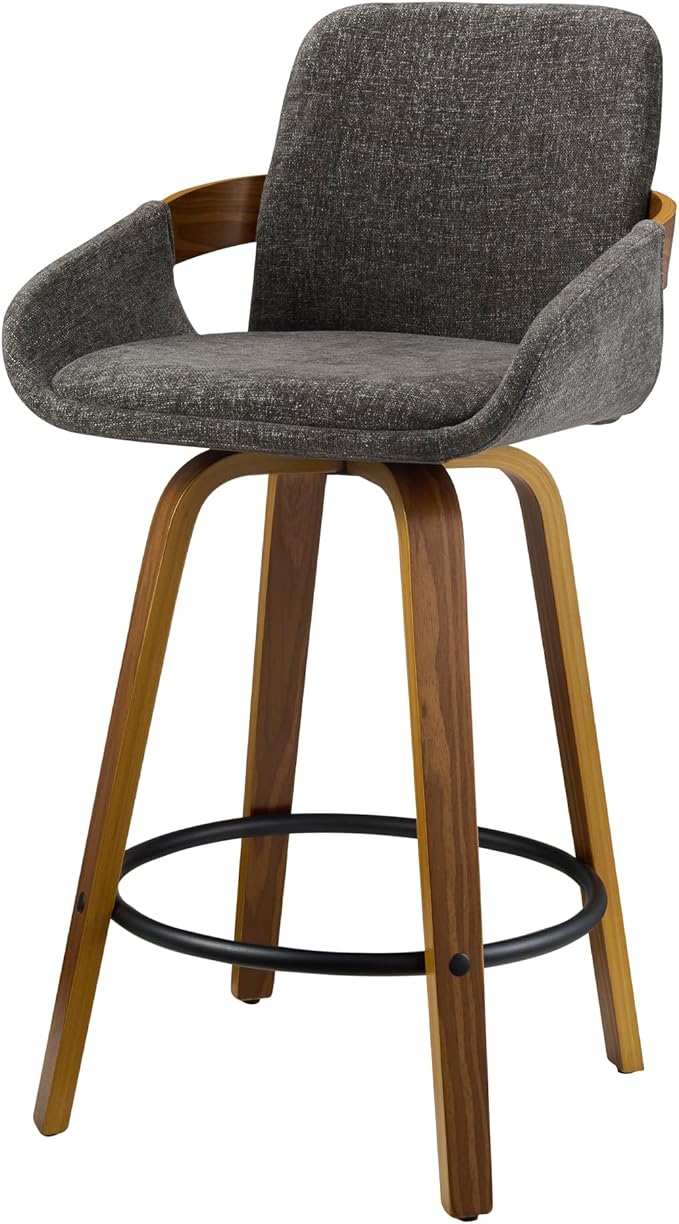26 inch Modern Bar Stools Set of 3, Walnut Wood and Fabric Bar Chair, 360° Swivel Seat, Stylish and Comfortable Barstool for Kitchen, Bar Counter, Dining Area - Charcoal Grey VipDesk