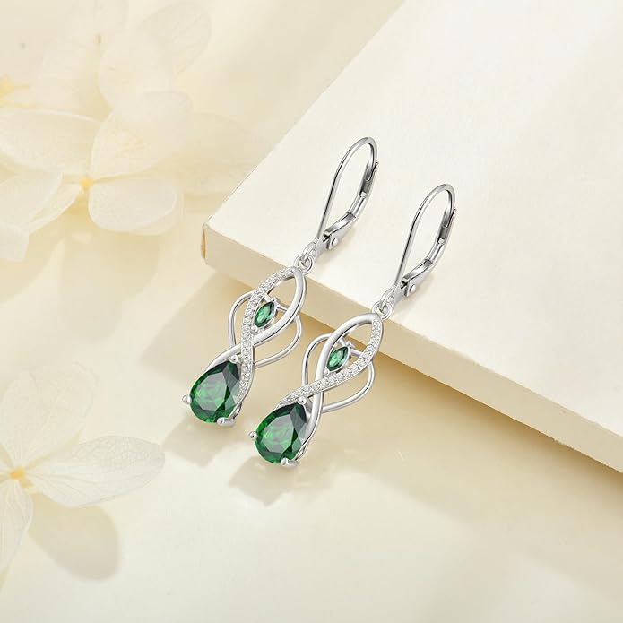 Infinity Butterfly Earrings 925 Sterling Silver Birthstone Dangle Drop Leverback Earrings Cubic Zirconia Hypoallergenic Jewelry Birthday Christmas Gifts for Women Mother Wife Her FYNSBLE