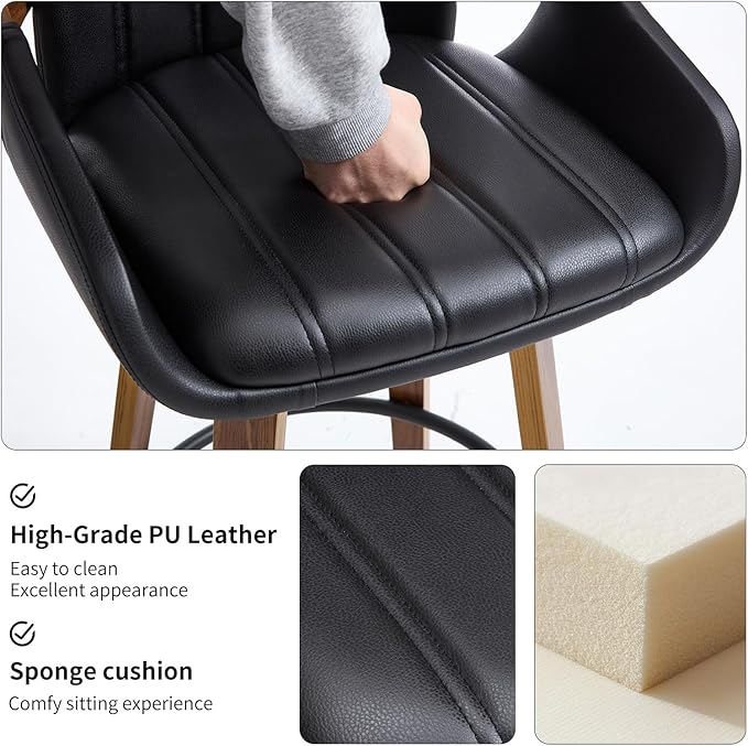 Swivel Bar Stools Set of 2, 26" Counter Height Bar Stools with Back and Arms, Faux Leather Modern Upholstered Bar Chairs with Walnut Frame for Kitchen Island Bar - Black VipDesk