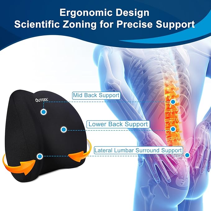 QUTOOL Lumbar Support Pillow for Office Chair, Memory Foam Low Back Support,Back Pain Relief, Ergonomic Back Cushion for Desk Chair,Gaming Chair,Adjustable Strap and Washable Cover QUTOOL