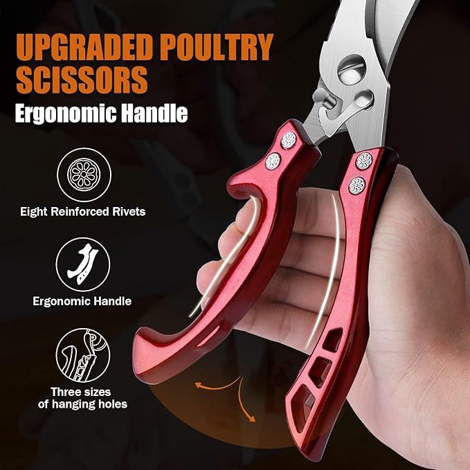 Poultry Shears, Red Heavy Duty Kitchen Shears with Serrated Edge, No Rust Spring Loaded, Multipurpose Stainless Steel Kitchen Scissors for Chicken Meat, Turkey, Fish, Christmas Gifts for Men Women DreamReach