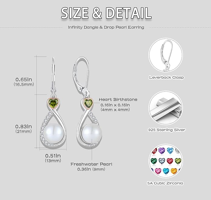 Heart Birthstone Pearl Earrings, 925 Sterling Silver Infinity Dangle Drop Leverback Earrings, 9mm Freshwater Cultured Pearl & 4mm Gemstone Jewelry Valentine's Day Gift for Women VESHONJEWELRY