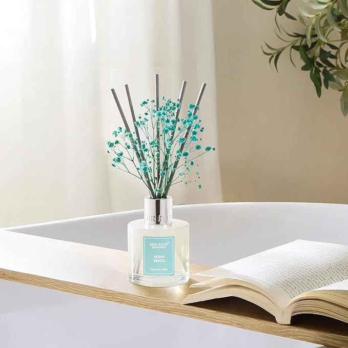 Airkeep Reed Diffuser Set,3.38 fl oz (100 ml) - Ocean Breeze Oil Diffusers with 8 Reed Sticks, Home Fragrance Reed Diffuser for Bathroom Shelf Decor Airkeep