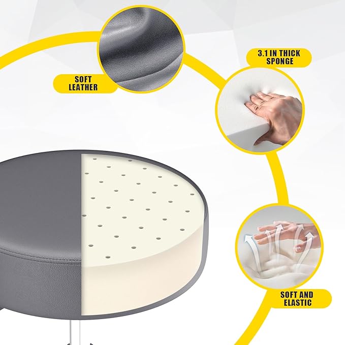 Rolling Stool, Heavy Weight Capacity 250lb, PU Leather Rolling stools, Ultra Soft Padded Seat, Rolling Stools with Wheels and Footrest, 360° Swivel, Spa Drawing Salon Work Office Tattoo Stool (Grey) YEEZEE