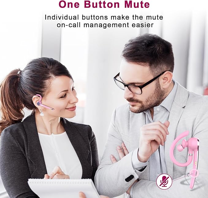 HEIBAS Bluetooth Headset, Wireless Bluetooth Earpiece with 500mAh Charging Case 72 Hours Talking Time Built-in Microphone for iOS Android Cell Phone, V5.1 Hand-Free Headphones for Trucker, Office-Pink HEIBAS