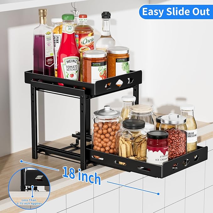 Pull Out Spice Racks for Inside Cabinets, 2-Tier Cabinet Spice Rack, Height Adjustable Spice Rack Organizer for Cabinet, Kitchen Vertical Spice Rack (9.7''Wx10.8''Dx9.2''H, Metal Black) BOIVSHI